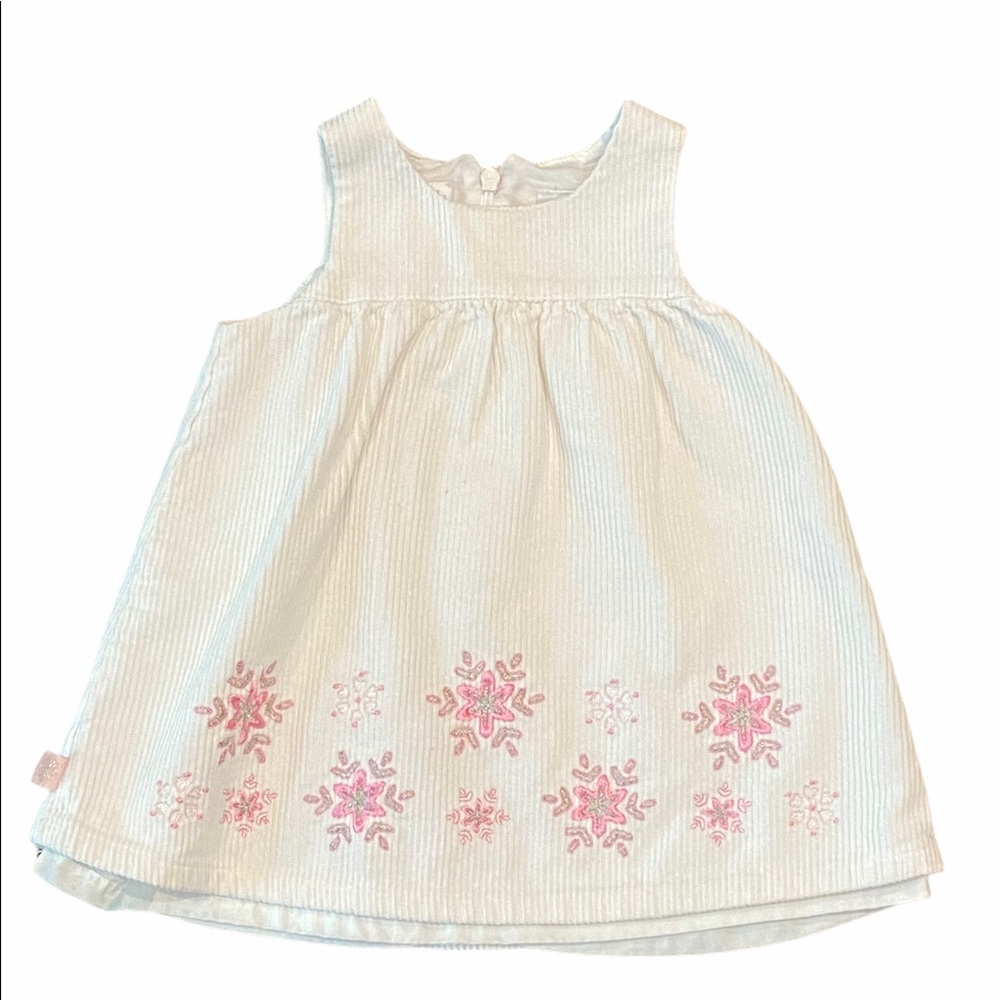 KRU Little white corduroy jumper dress with snowflakes